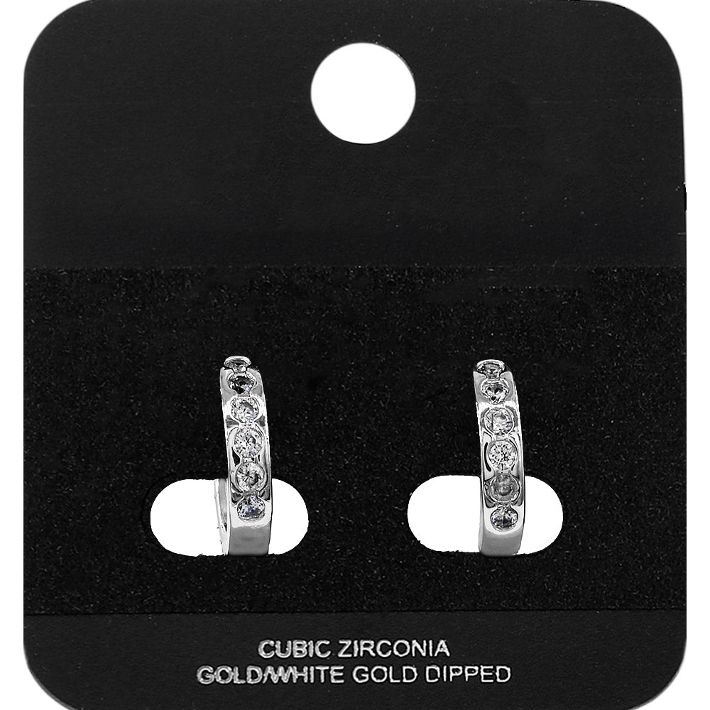 White Gold Dipped Round CZ Channer Mini Open Hoop Earrings