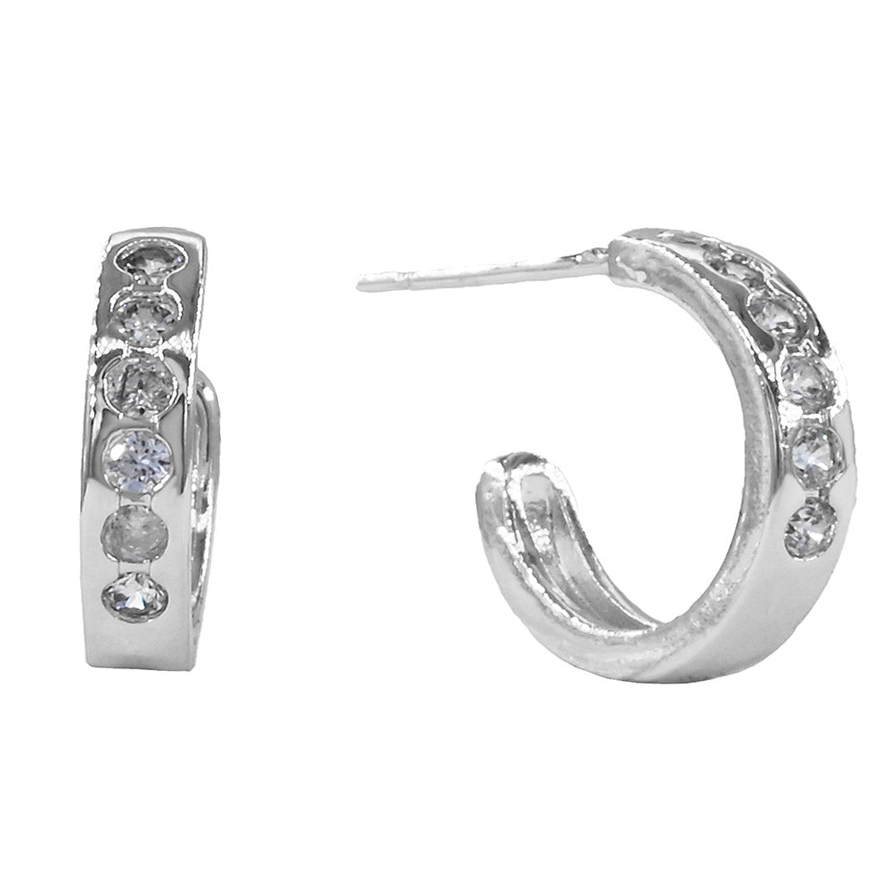 White Gold Dipped Round CZ Channer Mini Open Hoop Earrings