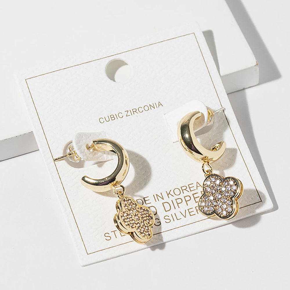 Gold Dipped CZ Stone Paved Quatrefoil Drop Dangle Mini Hoop Earrings
