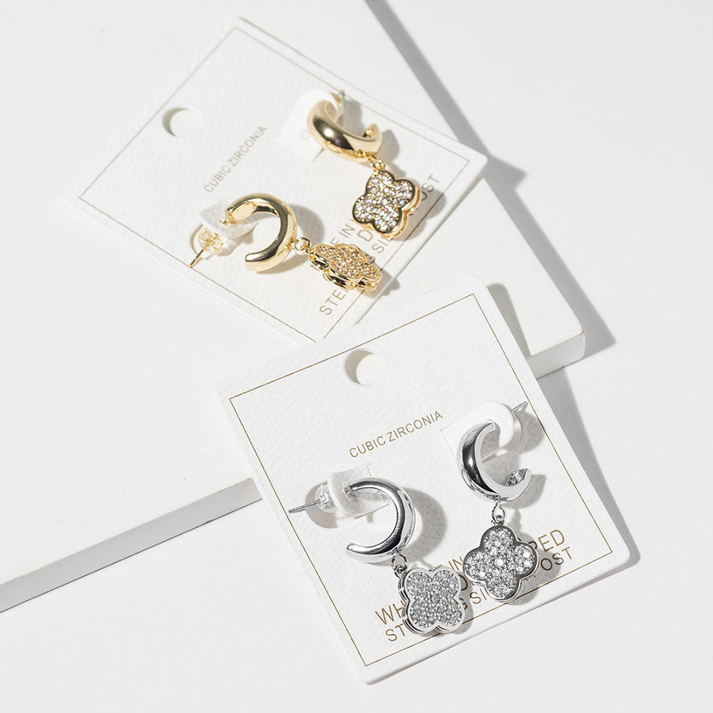Gold Dipped CZ Stone Paved Quatrefoil Drop Dangle Mini Hoop Earrings