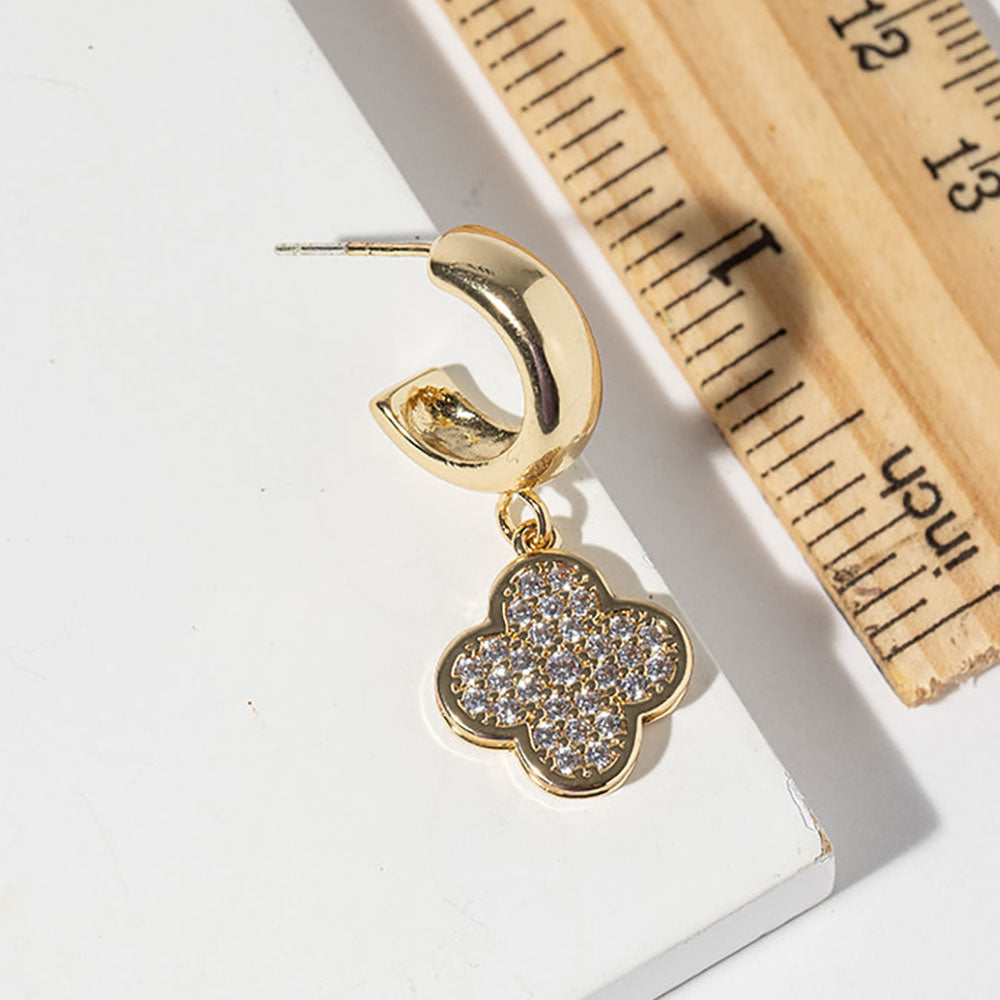 Gold Dipped CZ Stone Paved Quatrefoil Drop Dangle Mini Hoop Earrings