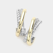 14K Gold Plated Two Tone CZ Stone Paved Crisscross Rope Metal Half Hoop Earrings