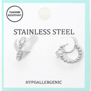 Stainless Steel Solitaire Accent Beaded Mini Huggie Hoop Earrings