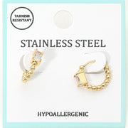 Stainless Steel Rectangular Stone Accent Beaded Mini Huggie Hoop Earrings