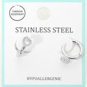 Stainless Steel Heart Stone Accent Mini Huggie Hoop Earrings
