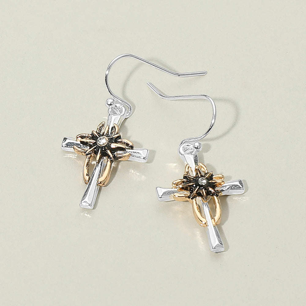 Stone Accent Two Tone Cross Dangle Earrings