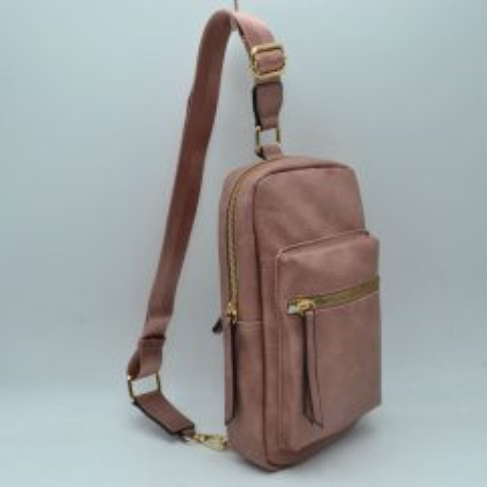 Grained Sling Bag with Metallic Zippers