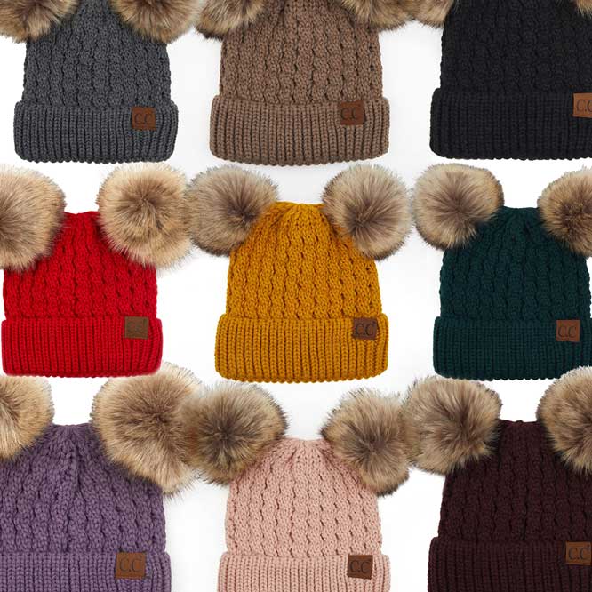 C.C Women's Double Pom All Over Cable Knit Beanie