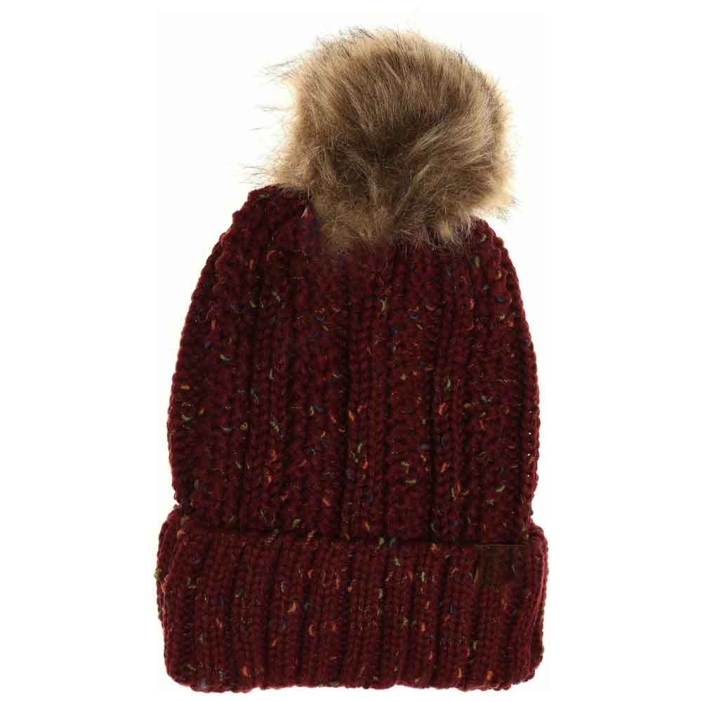 Fuzzy Lined Flecked Fur Pom C.C Beanie