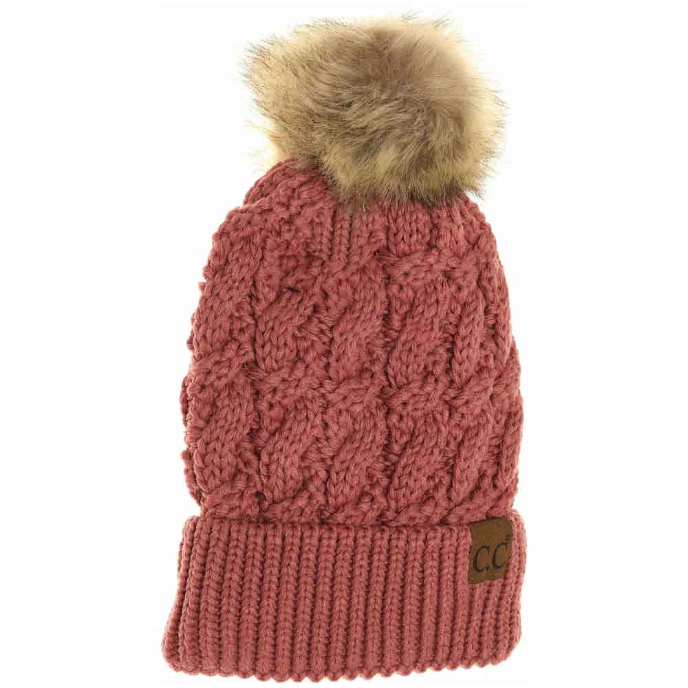 Ribbed Cable Knit Fur Pom C.C Beanie