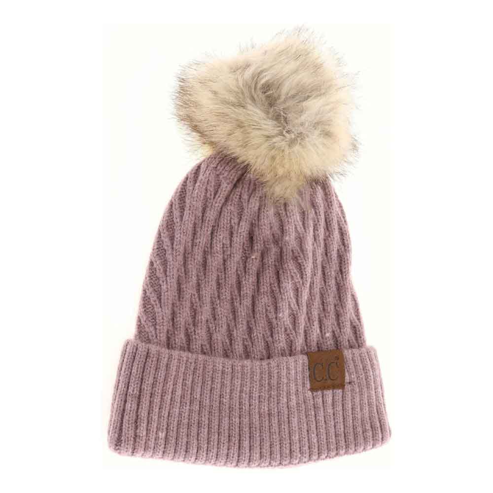 Solid Honey Comb Fur Pom C.C Beanie