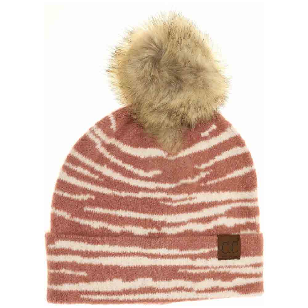 Zebra Pattern Faux Fur Pom C.C Beanie