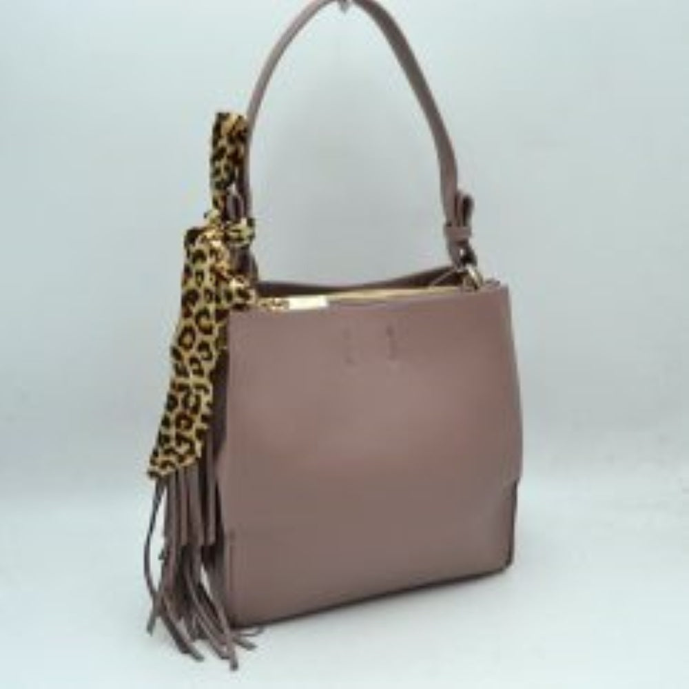 Structured Shoulder Bag with Leopard Print Scarf and Fringe Detail