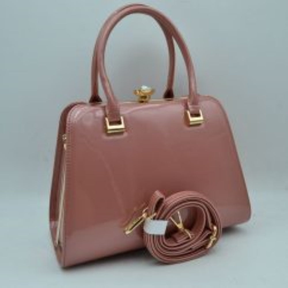 Patent Frame Satchel Handbag with Top Handles and Pearl Clasp