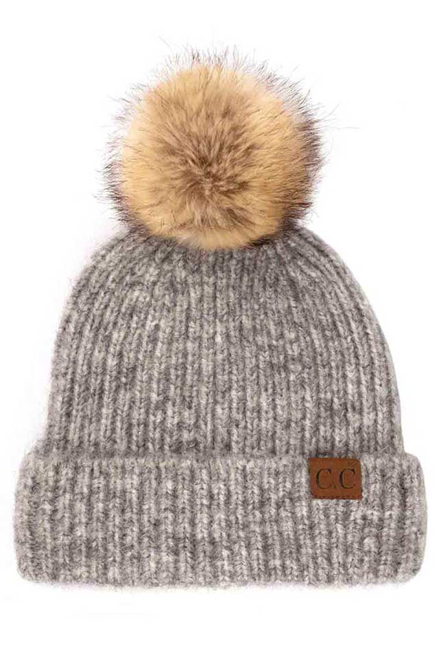 C.C Classic Rib Beanie With Faux Fur Pom