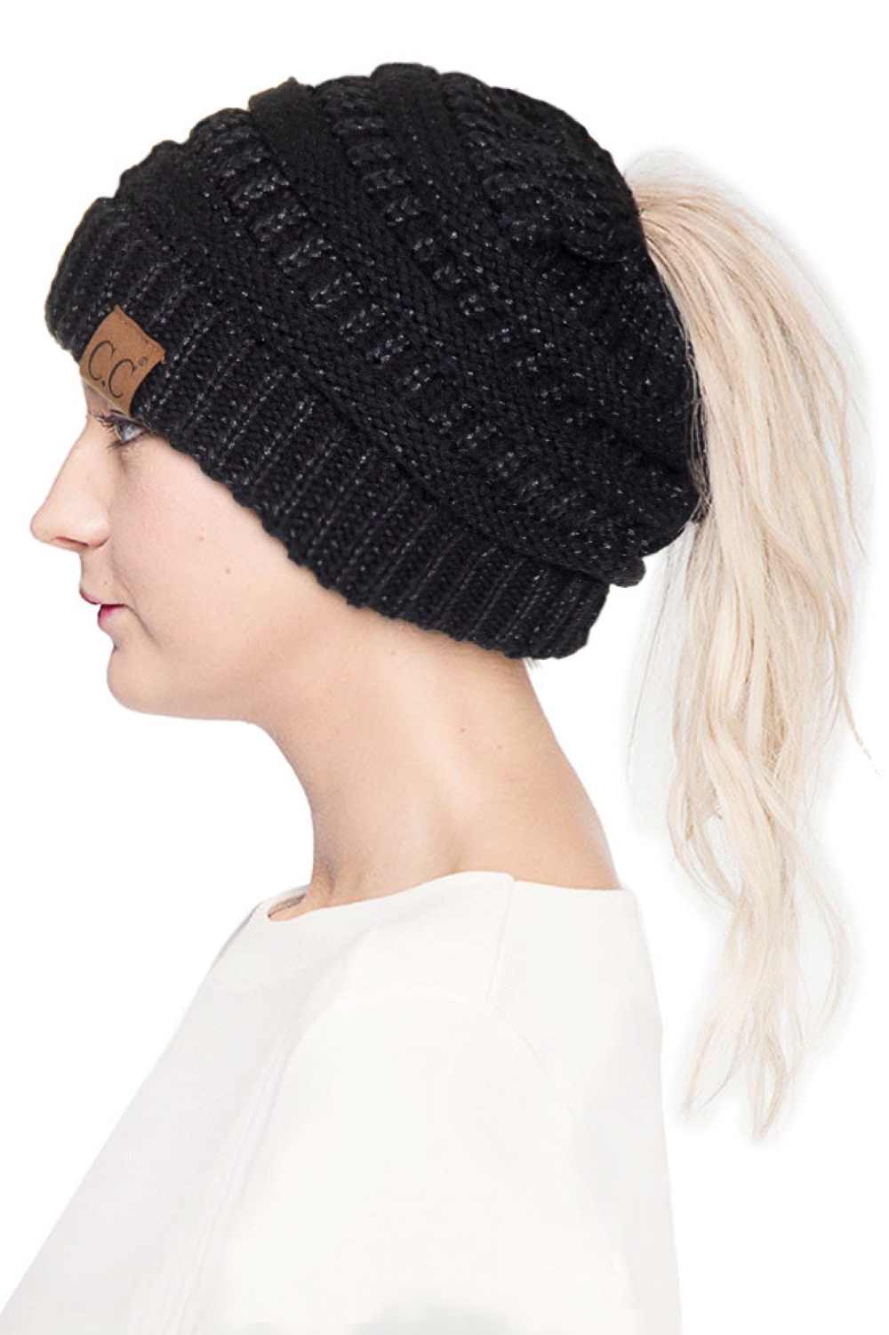 C.C Metallic Messy Bun Ponytail Beanie