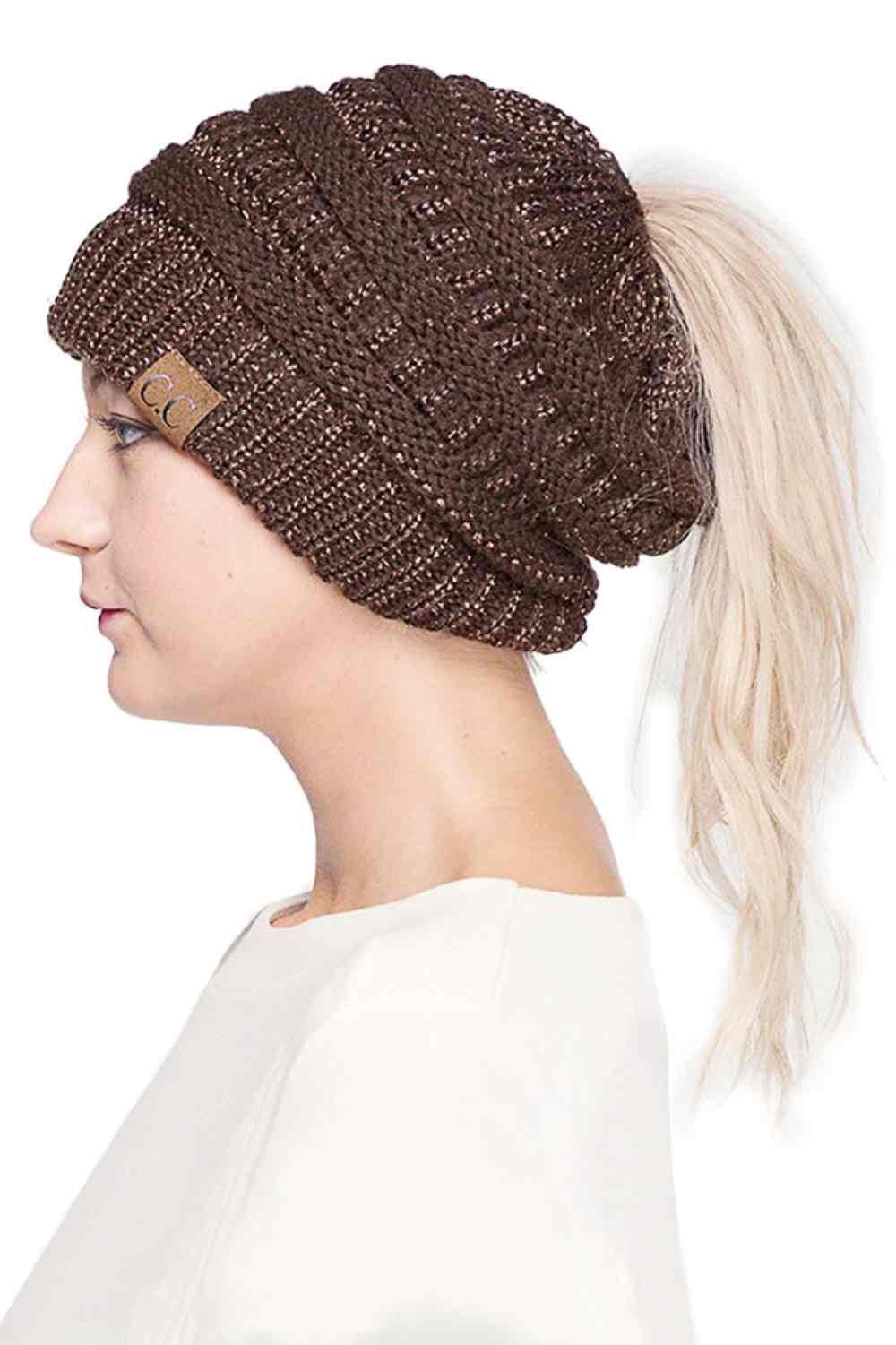 C.C Metallic Messy Bun Ponytail Beanie