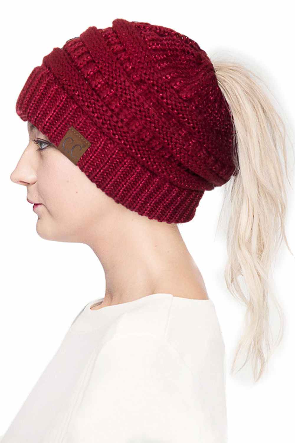 C.C Metallic Messy Bun Ponytail Beanie