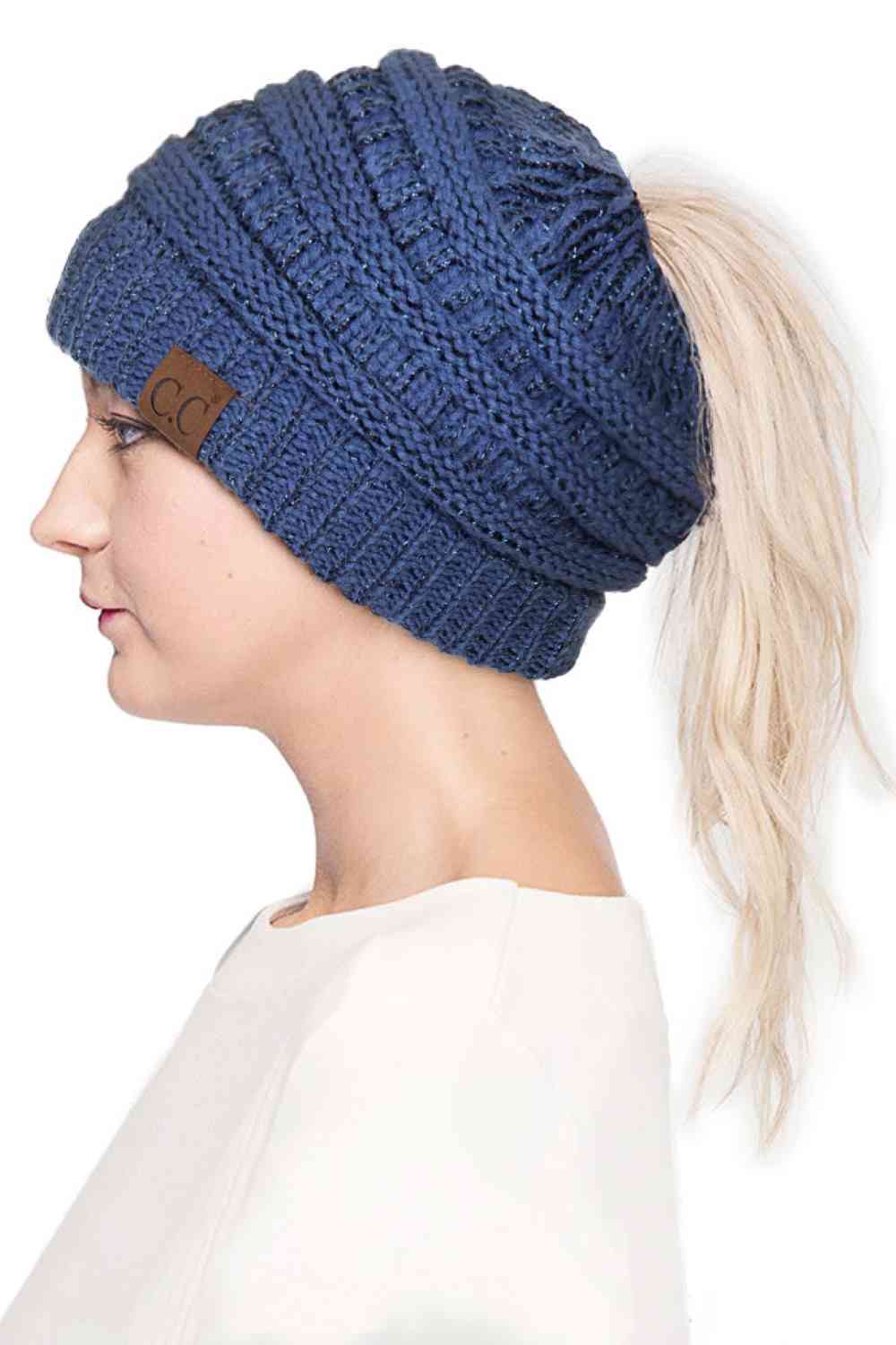 C.C Metallic Messy Bun Ponytail Beanie