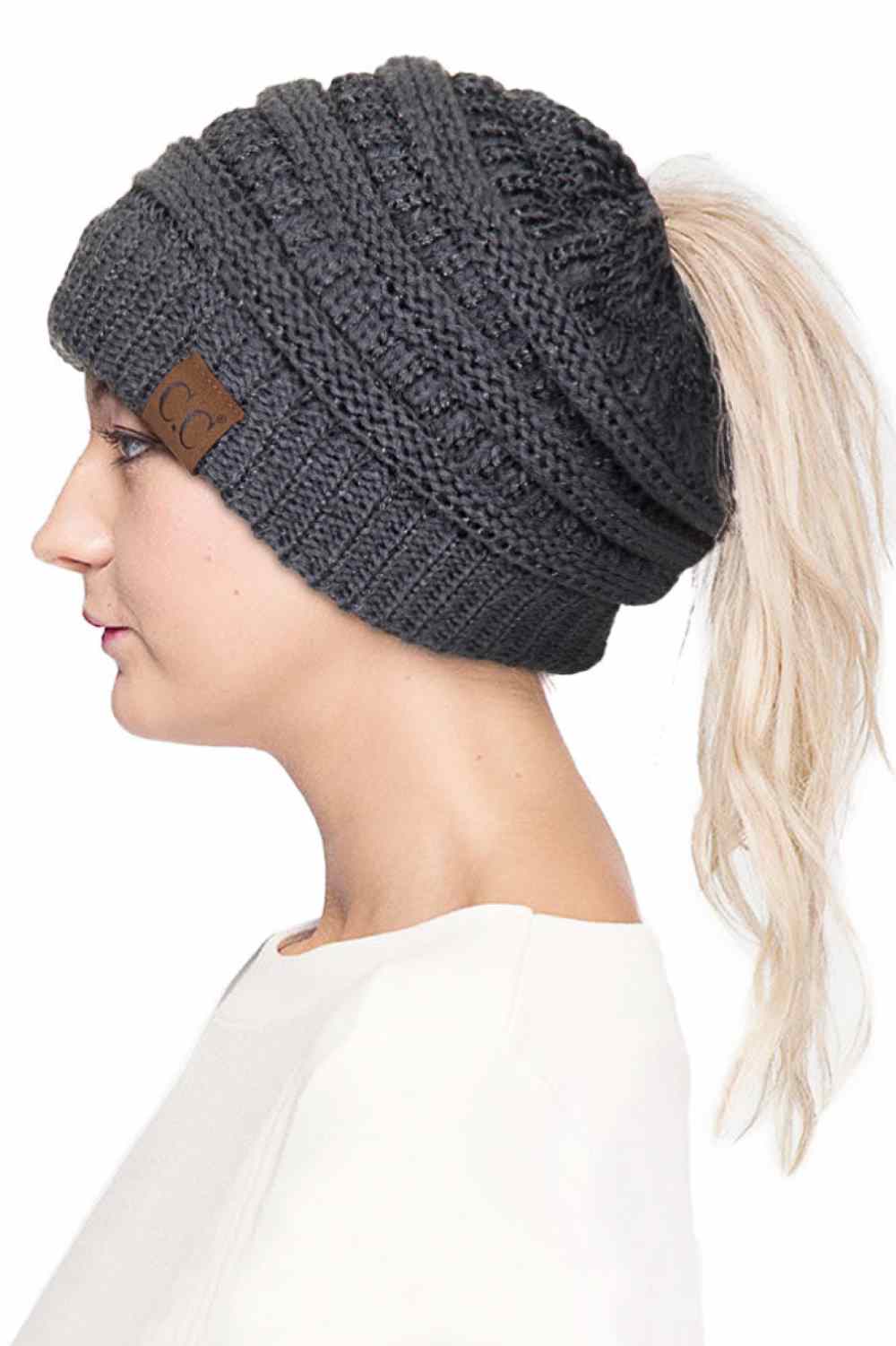 C.C Metallic Messy Bun Ponytail Beanie