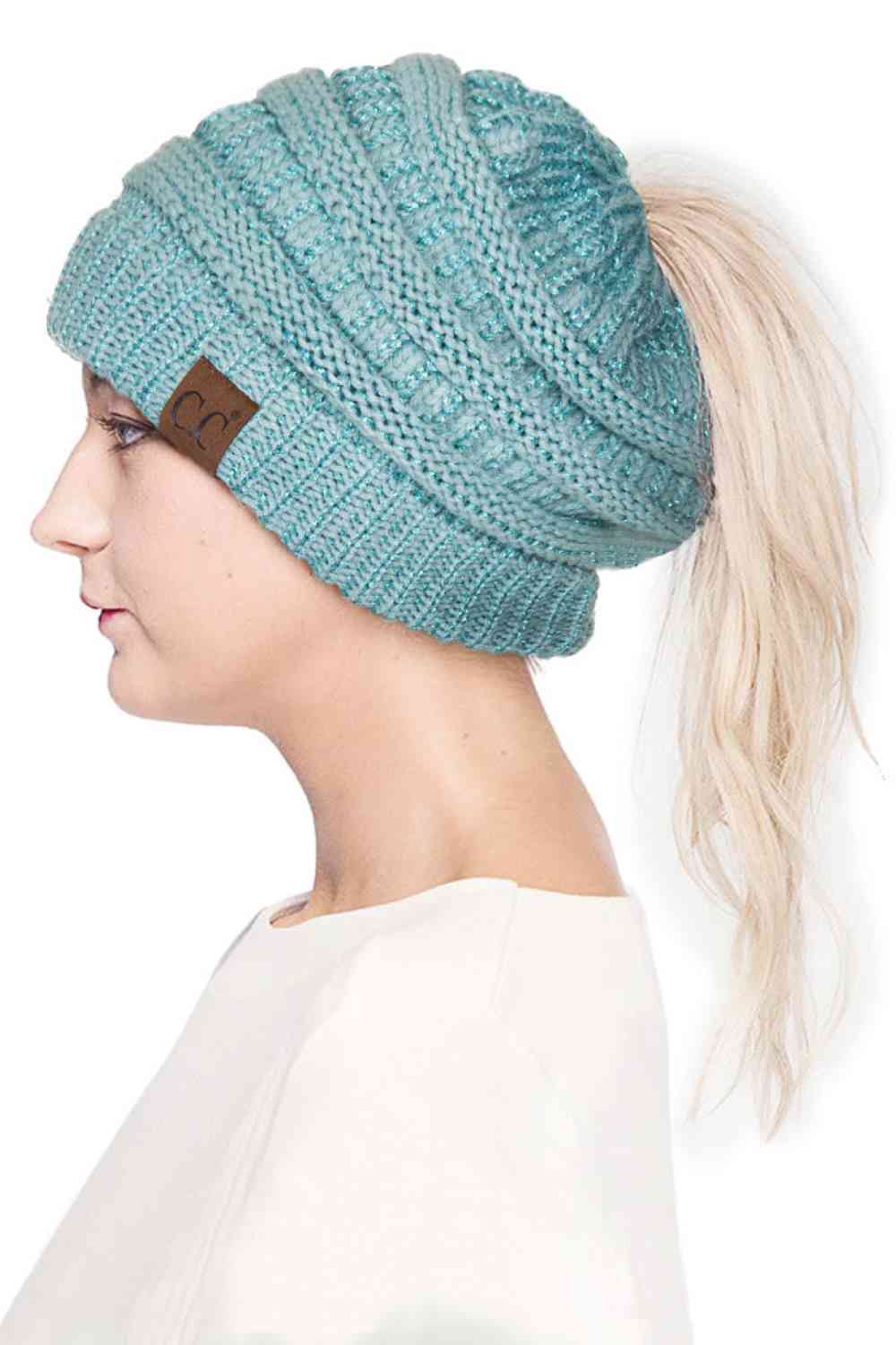 C.C Metallic Messy Bun Ponytail Beanie