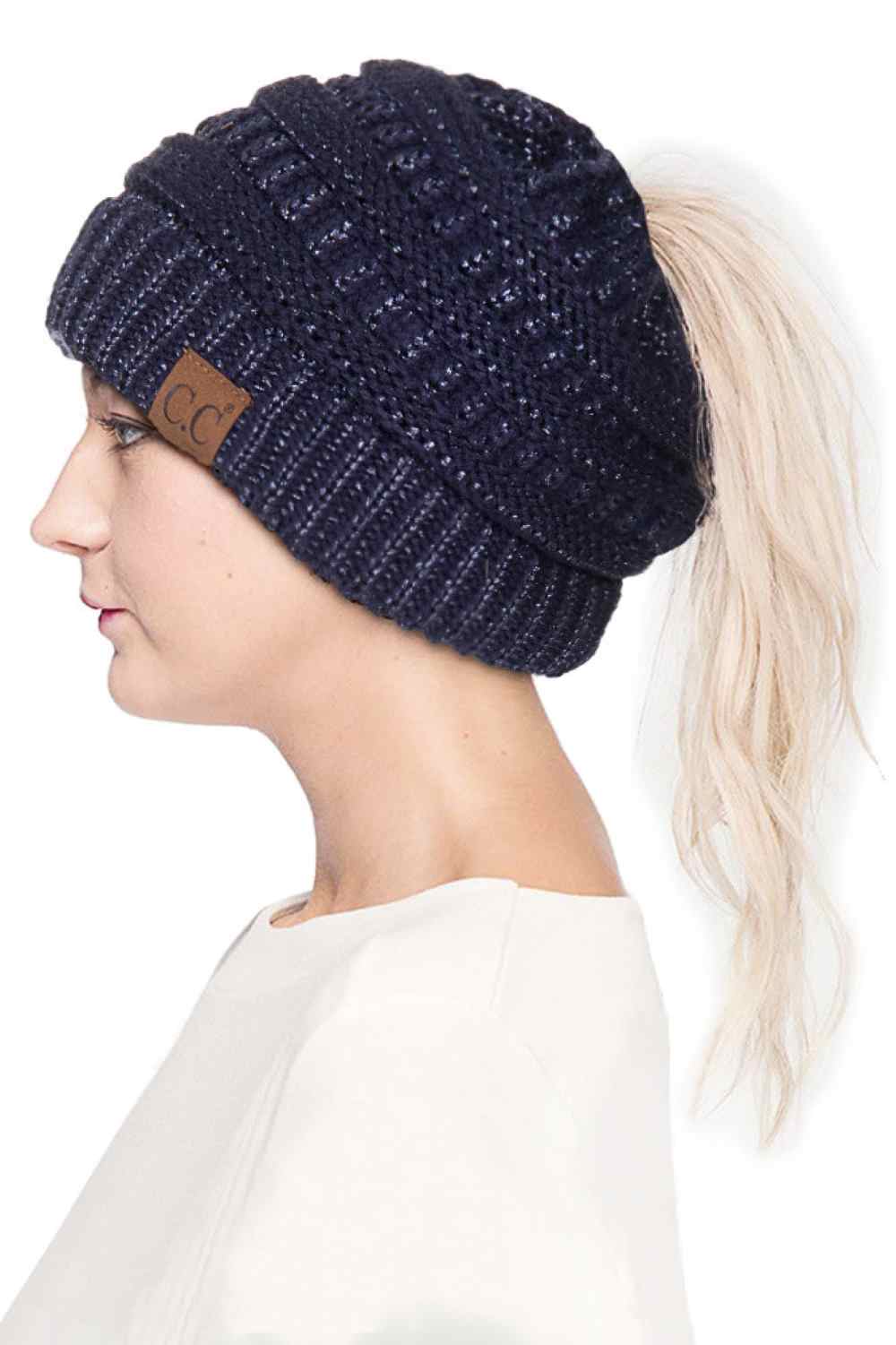 C.C Metallic Messy Bun Ponytail Beanie