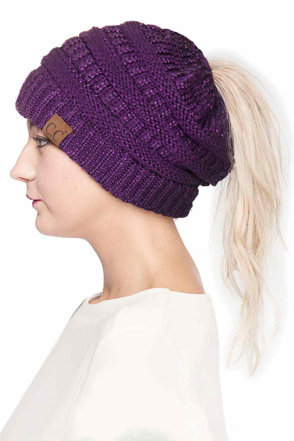 C.C Metallic Messy Bun Ponytail Beanie