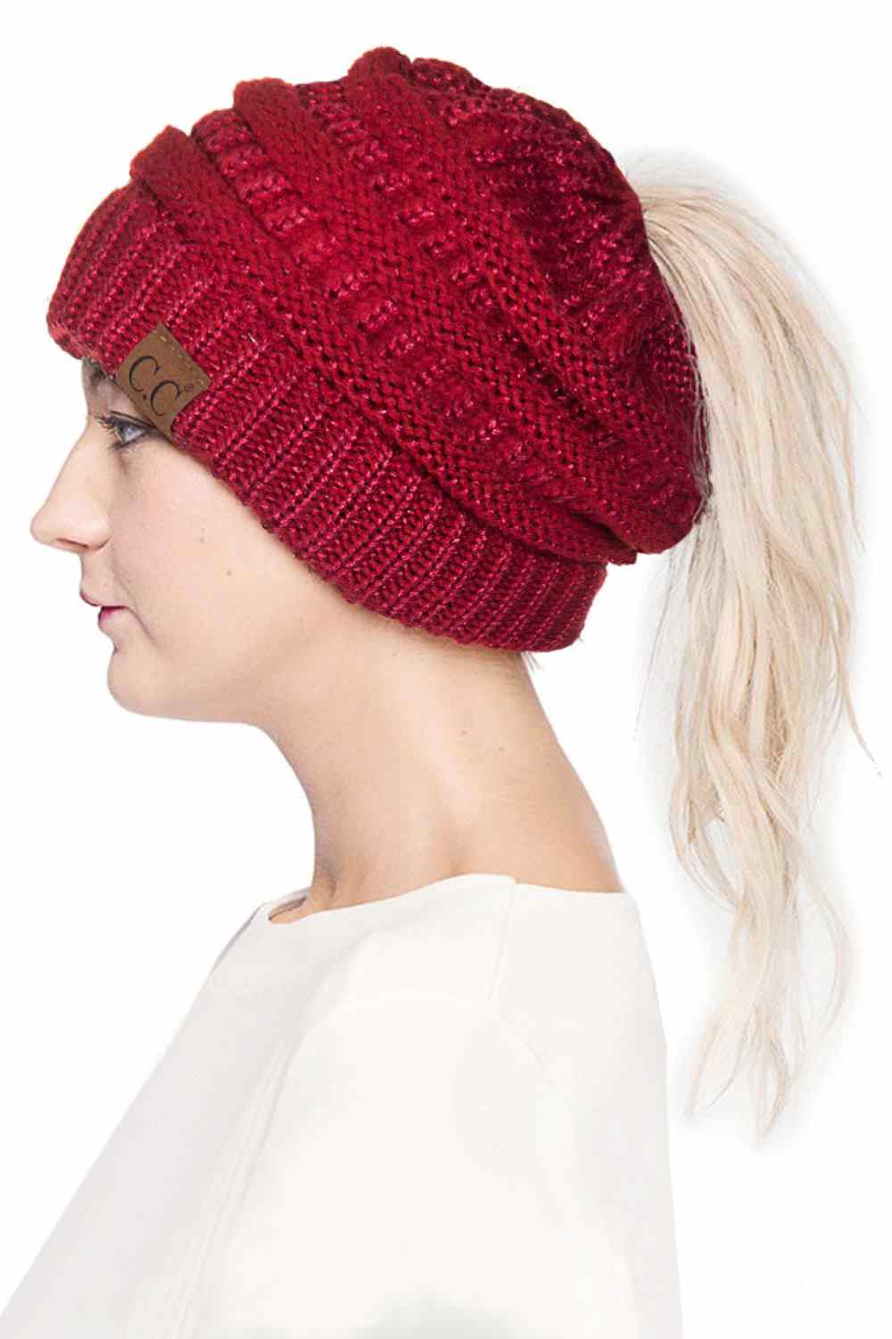 C.C Metallic Messy Bun Ponytail Beanie