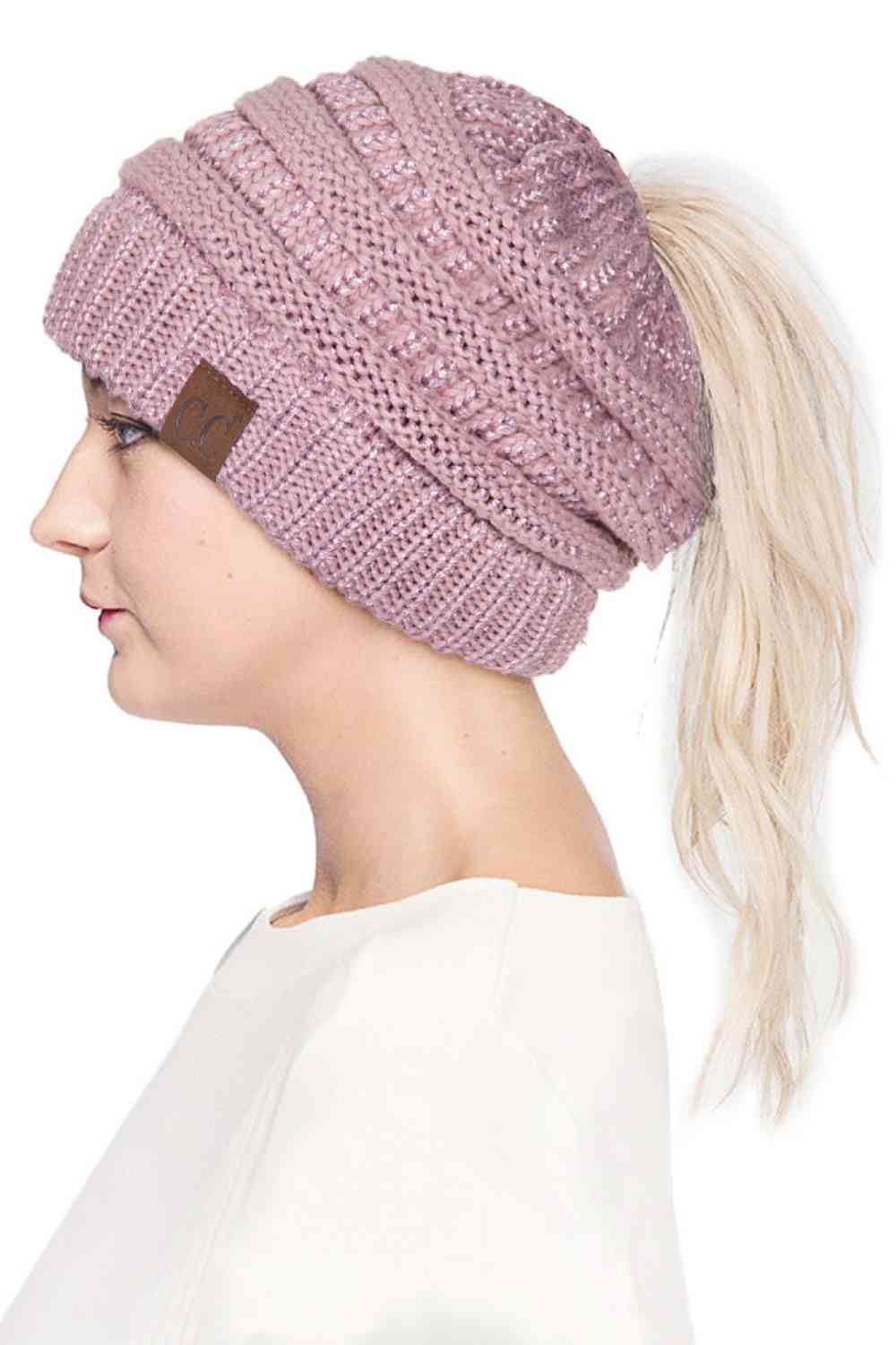 C.C Metallic Messy Bun Ponytail Beanie