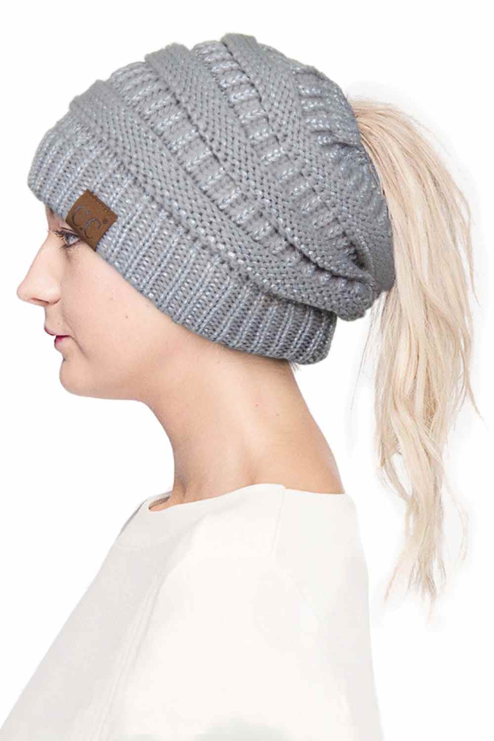 C.C Metallic Messy Bun Ponytail Beanie