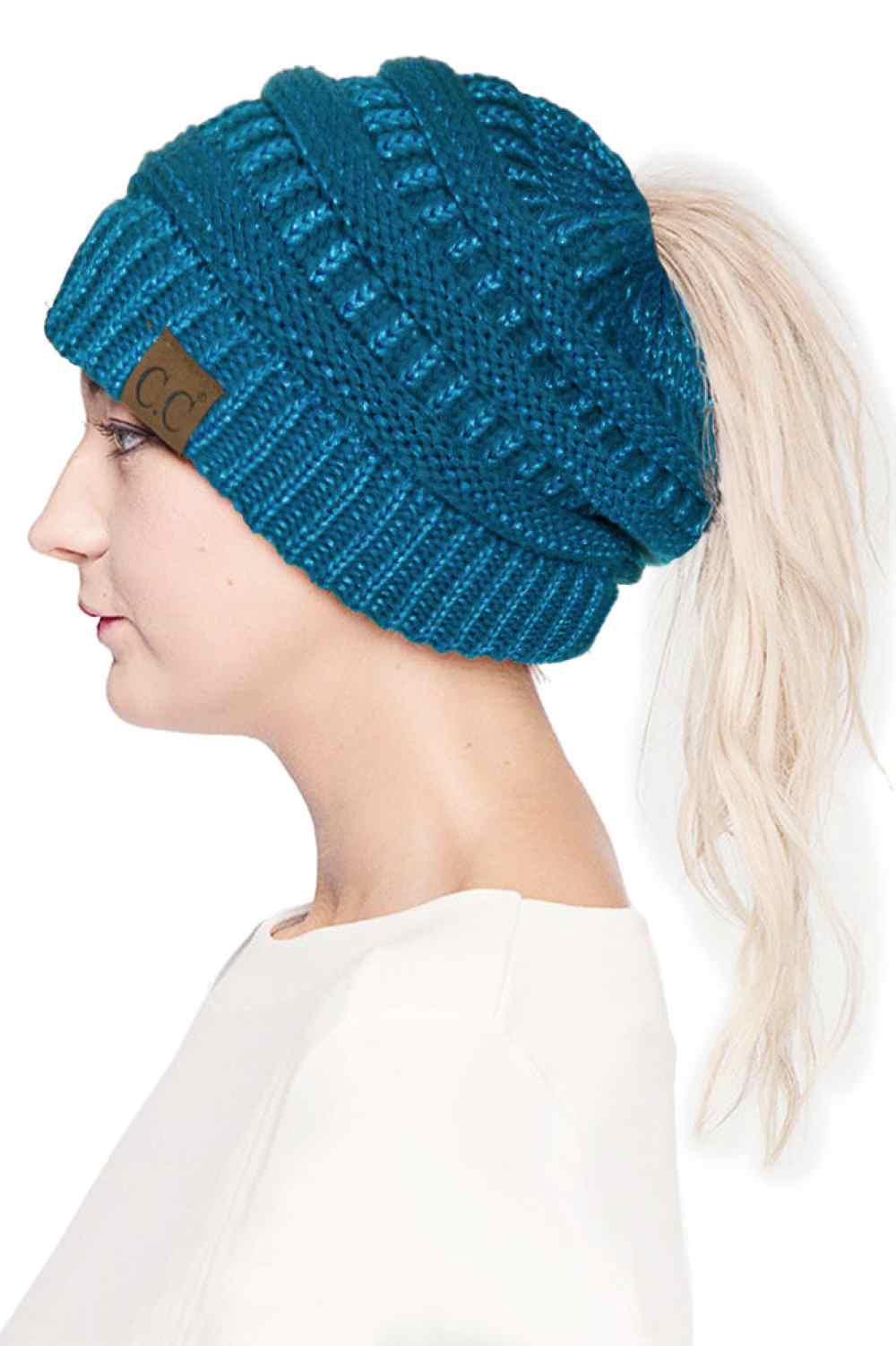 C.C Metallic Messy Bun Ponytail Beanie
