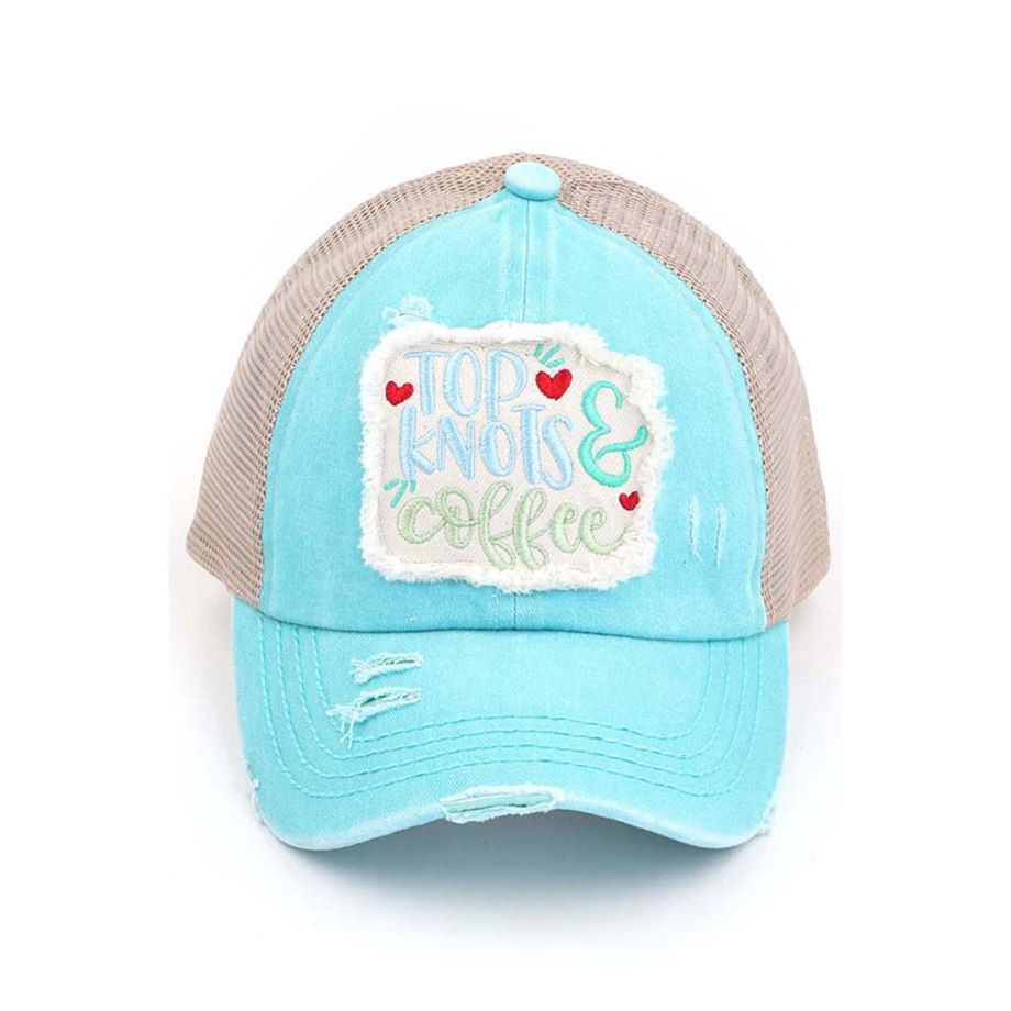 C.C DISTRESSED TOP KNOTS AND COFFEE PATCH PONYCAP