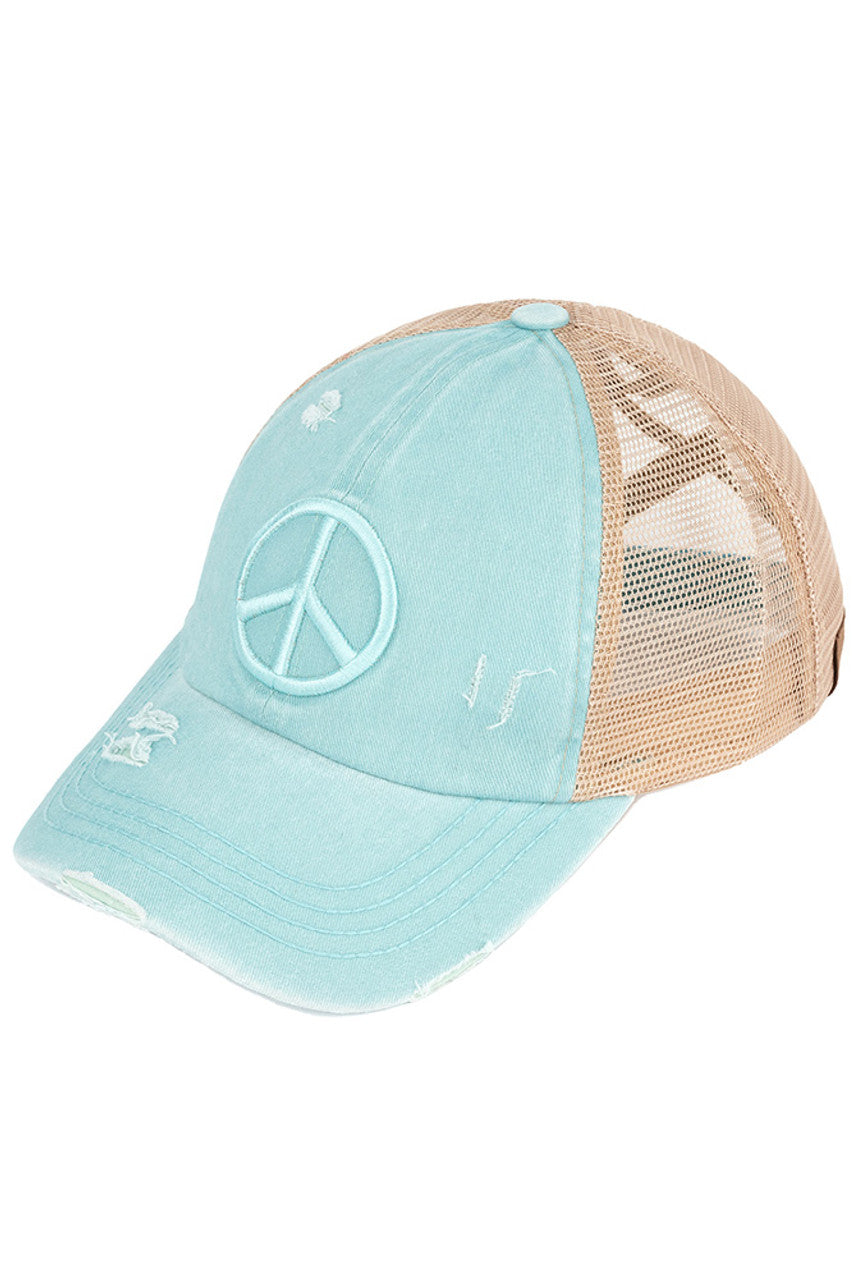 C.C Women's Peace Sign Distressed Ponytail Cap