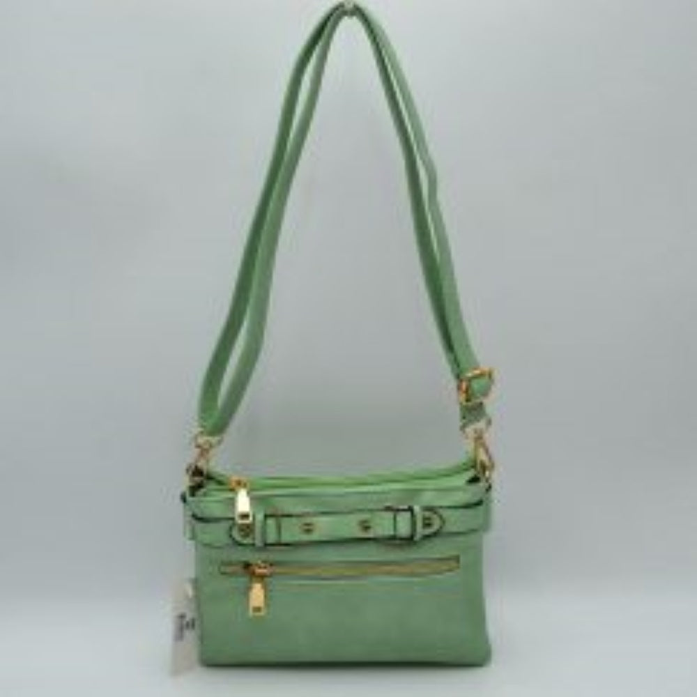 Multi-Zipper Crossbody Bag with Adjustable Strap and Gold Hardware