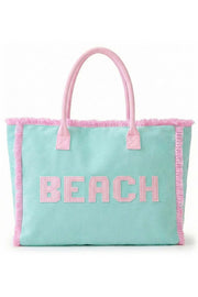 BEACH Letter Frayed Edge Trim Summer Tote Bag