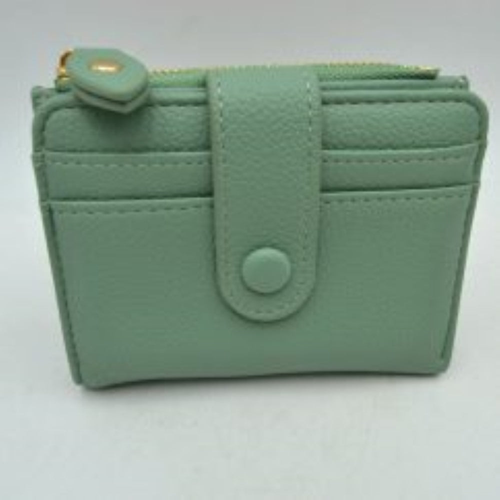 Pebbled Card Holder Wallet with Snap Button Strap and Zipper Pocket