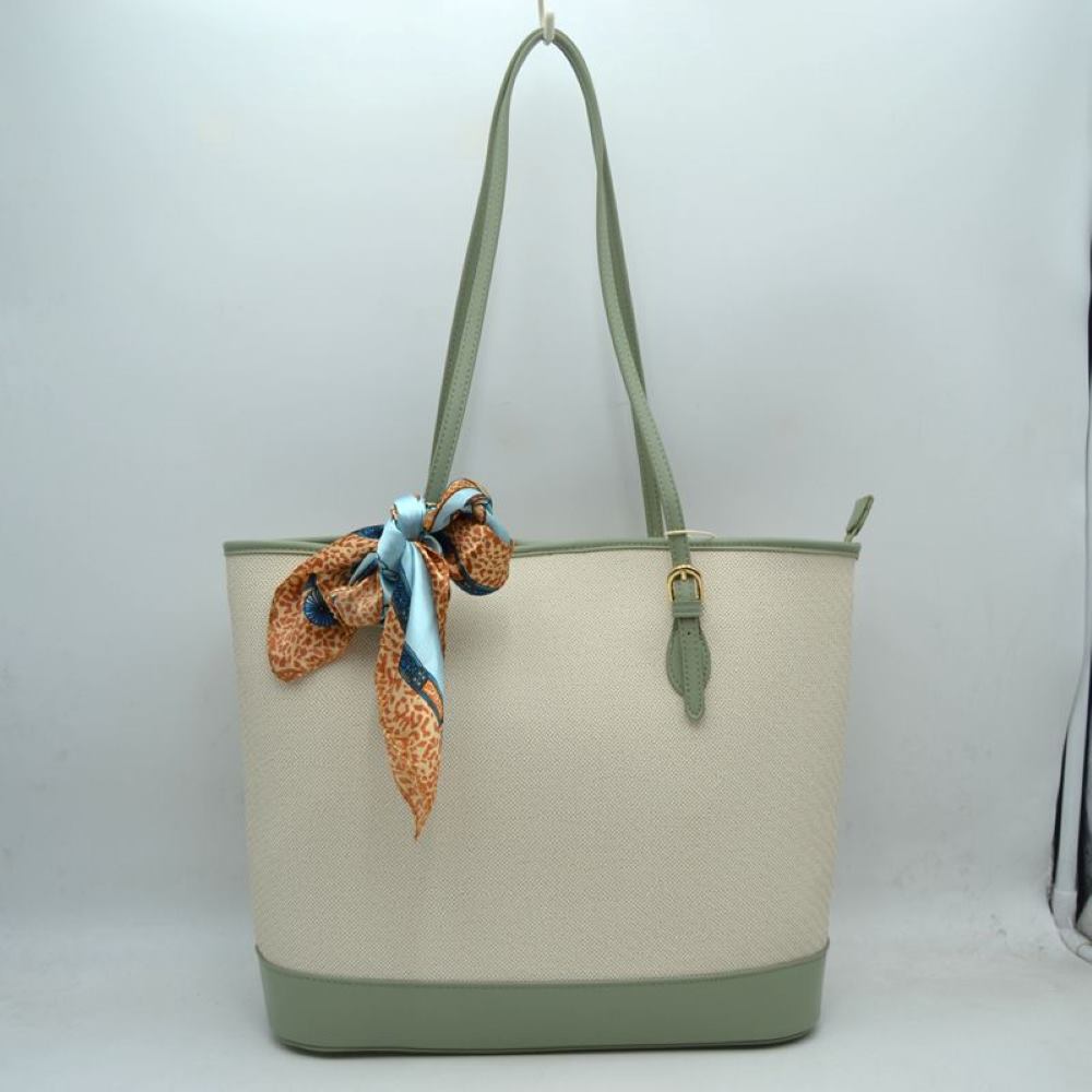 Elegant Textured Shoulder Tote Bag with Silk-Style Scarf Accent