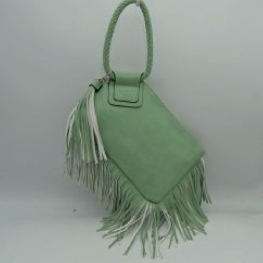 Fringe Accent Clutch Bag with Braided Circular Top Handle