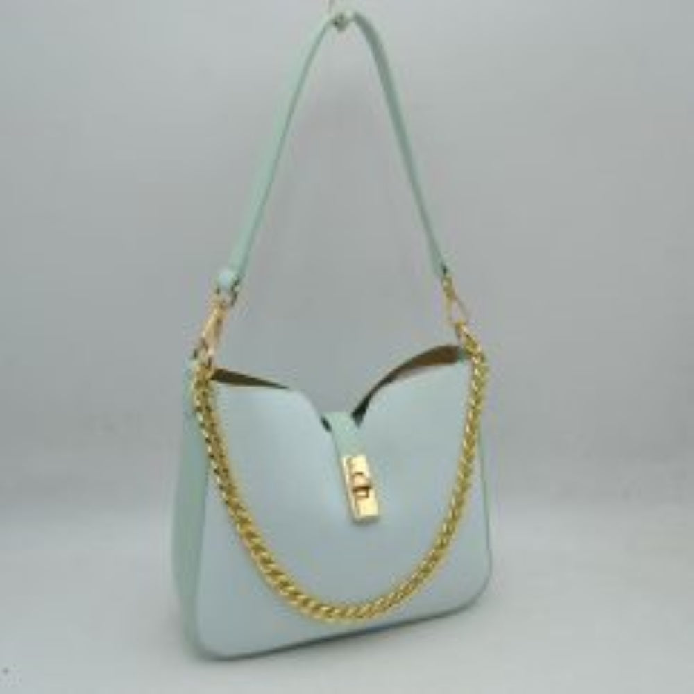 Chain Accent Shoulder Bag with Center Snap Closure