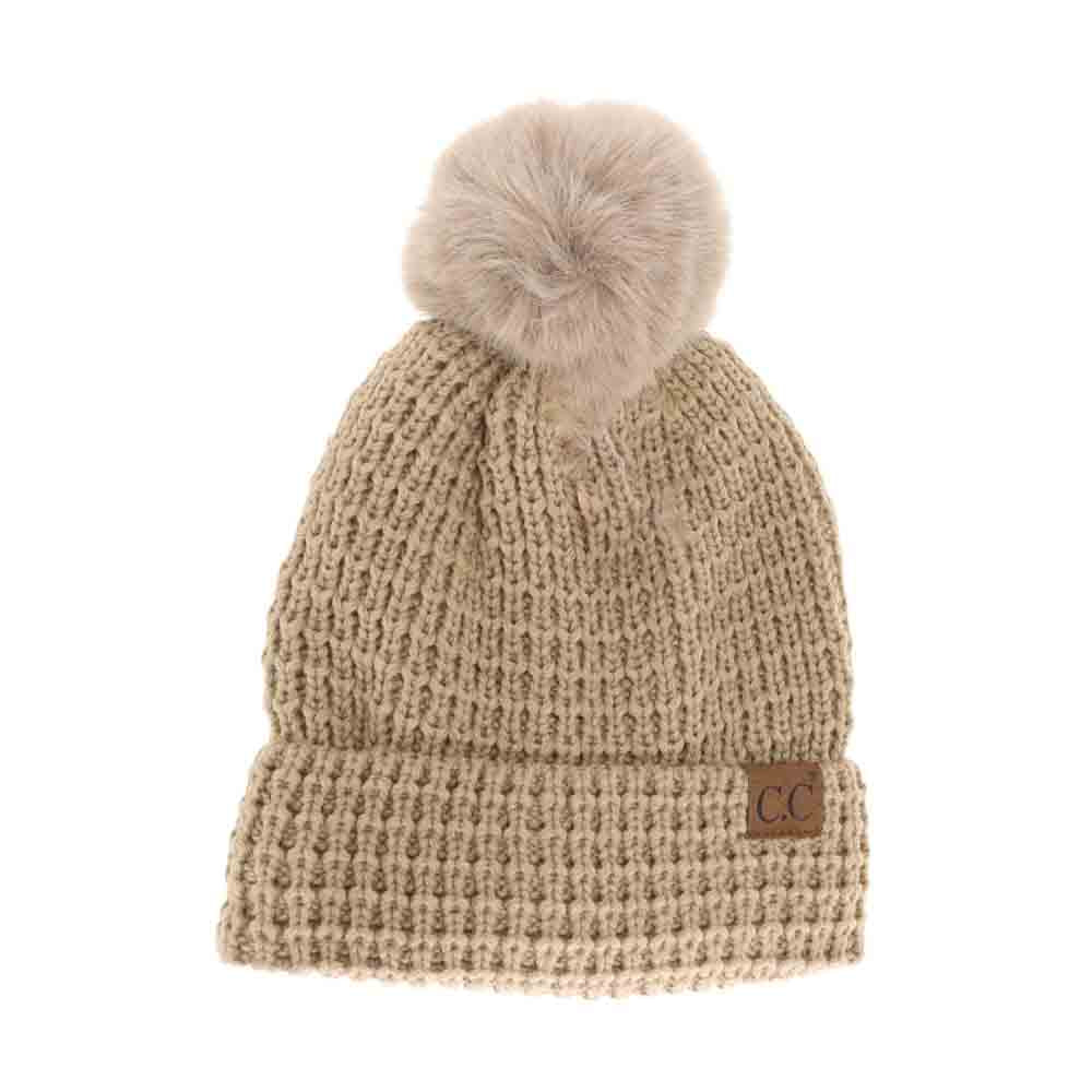 Waffle Knit Faux Fur Pom C.C Beanie