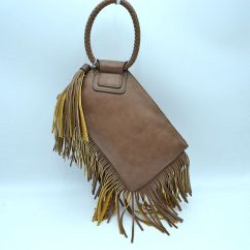 Fringe Accent Clutch Bag with Braided Circular Top Handle
