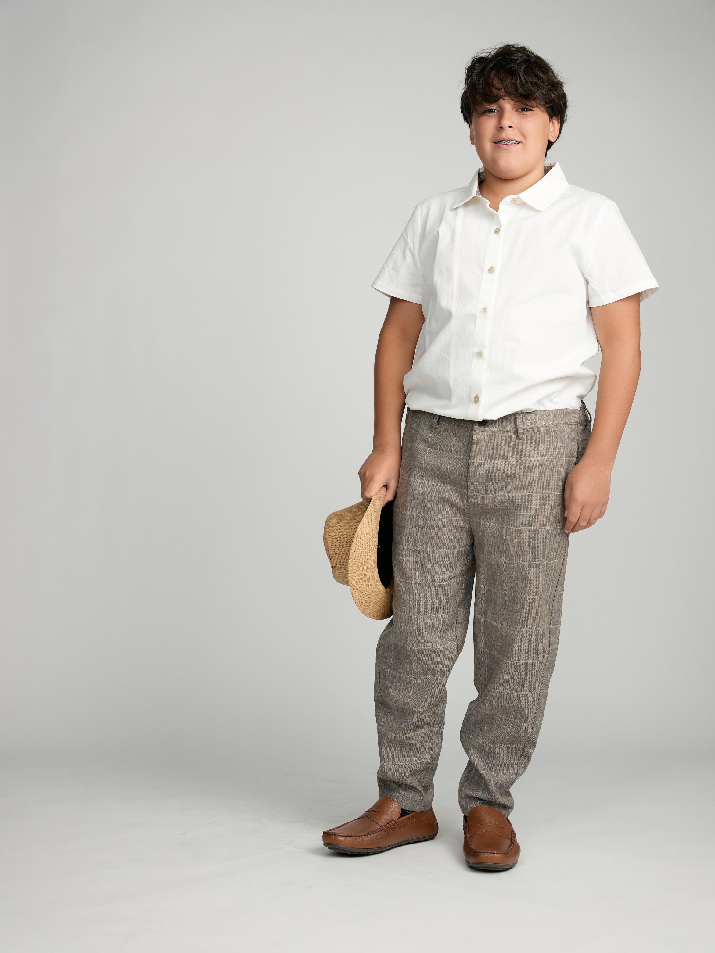 Tan Buttons Short Sleeve Dress Shirt with Paisley Contrast