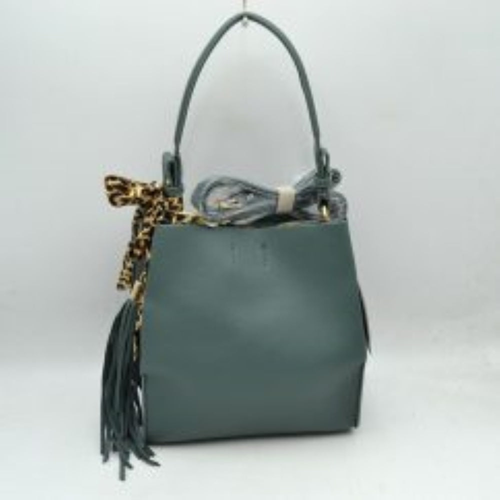 Structured Shoulder Bag with Leopard Print Scarf and Fringe Detail