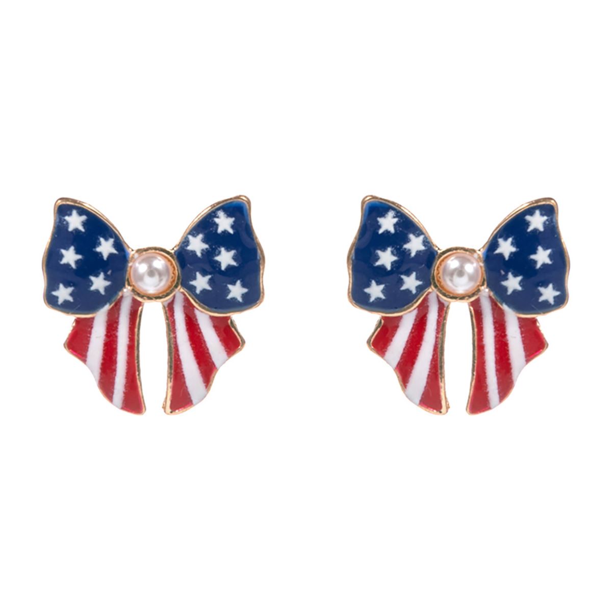 Women's Pearl Pointed Enamel American USA Flag Bow Stud Earrings 4th of July