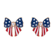 Women's Pearl Pointed Enamel American USA Flag Bow Stud Earrings 4th of July