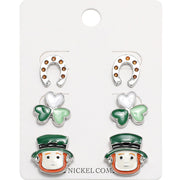 Enamel St Patricks Clover Leprechaun Horseshoe Stud Earring Set