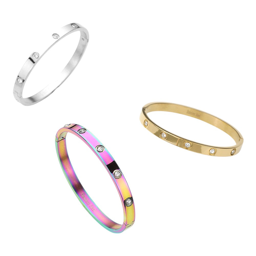 Stainless Steel Crystal Embellished Bangle Evening Bracelet