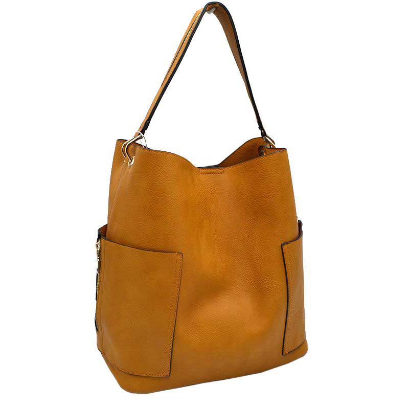 2-in-1 Chic Satchel Side Pocket Bucket Bag with Long Strap