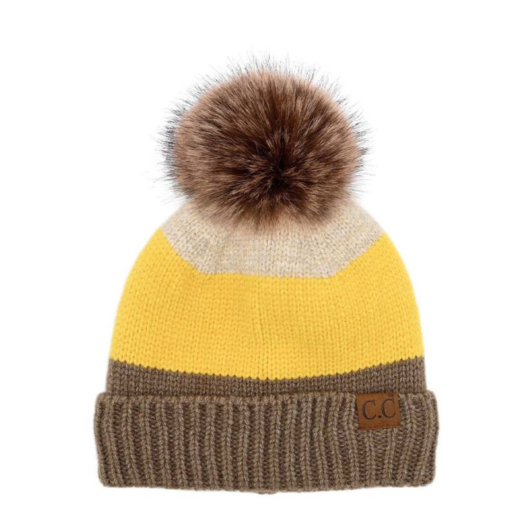 C.C Multi Color Block Stripes Pom Beanie