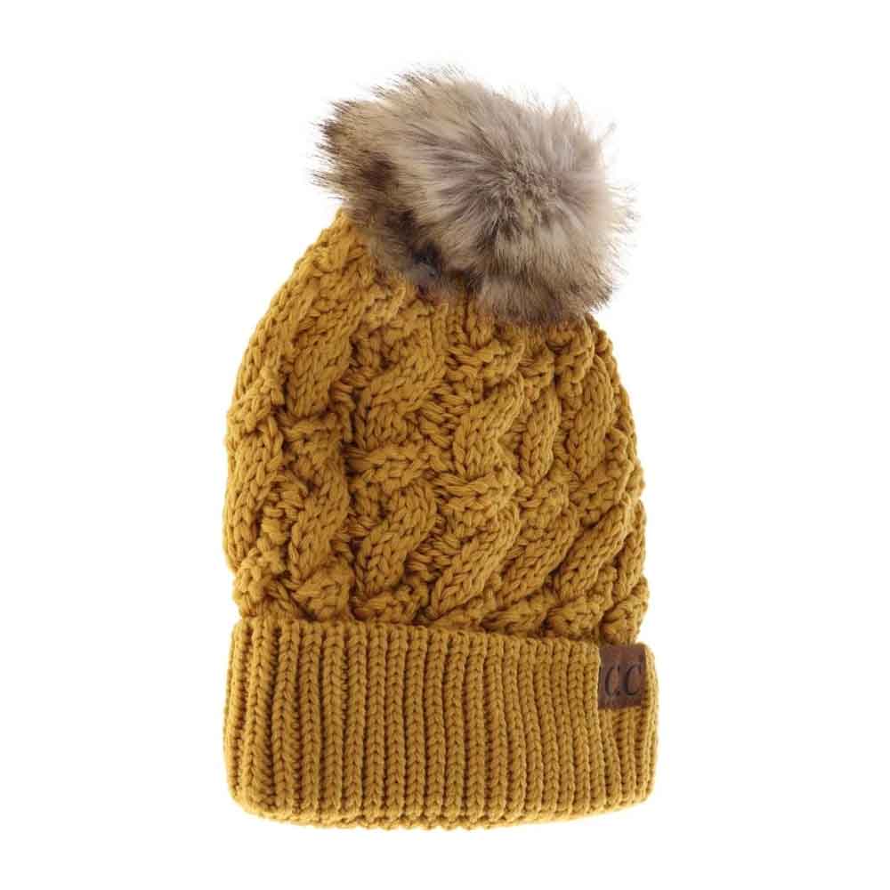 Ribbed Cable Knit Fur Pom C.C Beanie